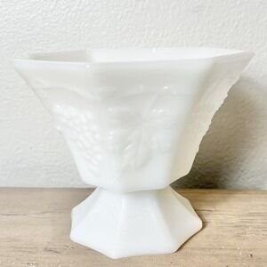 Vintage Milk Glass Pedestal Bowl Grape Motif Octagonal Compote